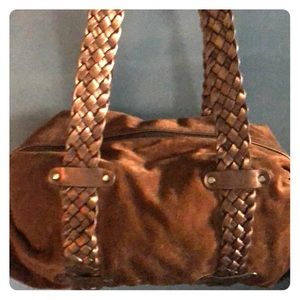 Suede Donald Pliner bag w/ metallic straps